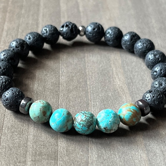 LAVA STONE AND CALSILICA JASPER STONE NATURAL BEADED BRACELET - Stretch - Picture 1 of 4